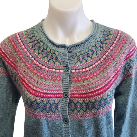 Tabitha Webb Womens Lambswool Fair Isle Crew Neck Cardigan Sweater Med Gray Pink - Picture 2 of 7
